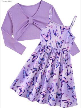 Girls 2-Piece Cami Dress & Crop Cardigan Set Long Sleeve Bow Casual